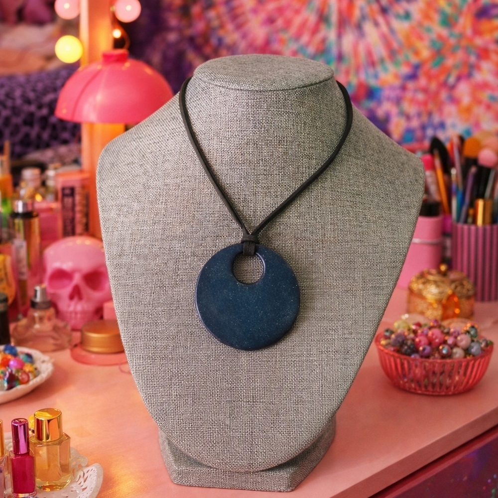 Mod Pendant on Cord Necklace Black Blue Vinyl Unique Style - Pre-loved (15"-18")